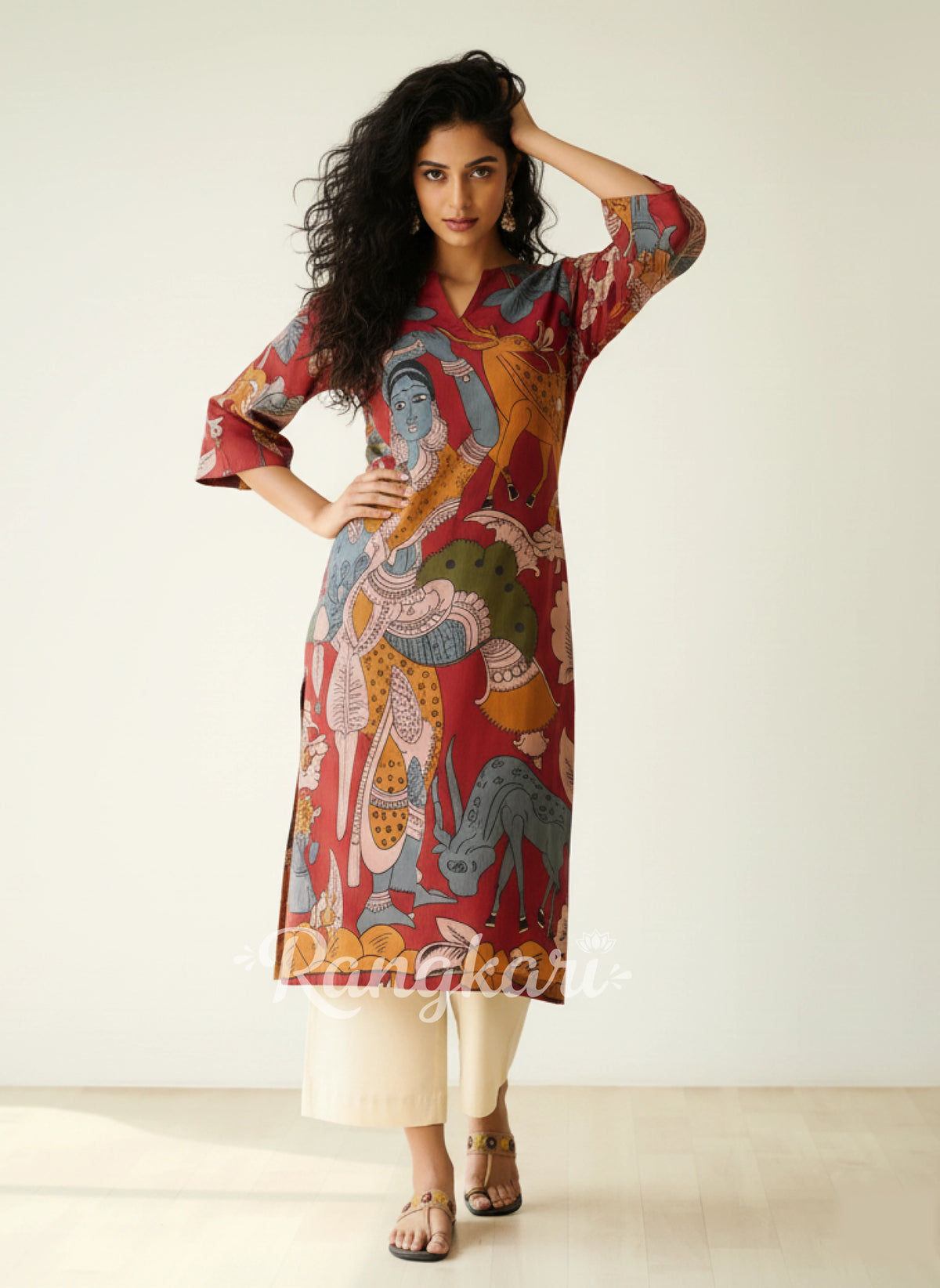 Chitra Kalamkari Print Kurta & Relaxed Churidar Pants Set (Rust & Multi-Colored)