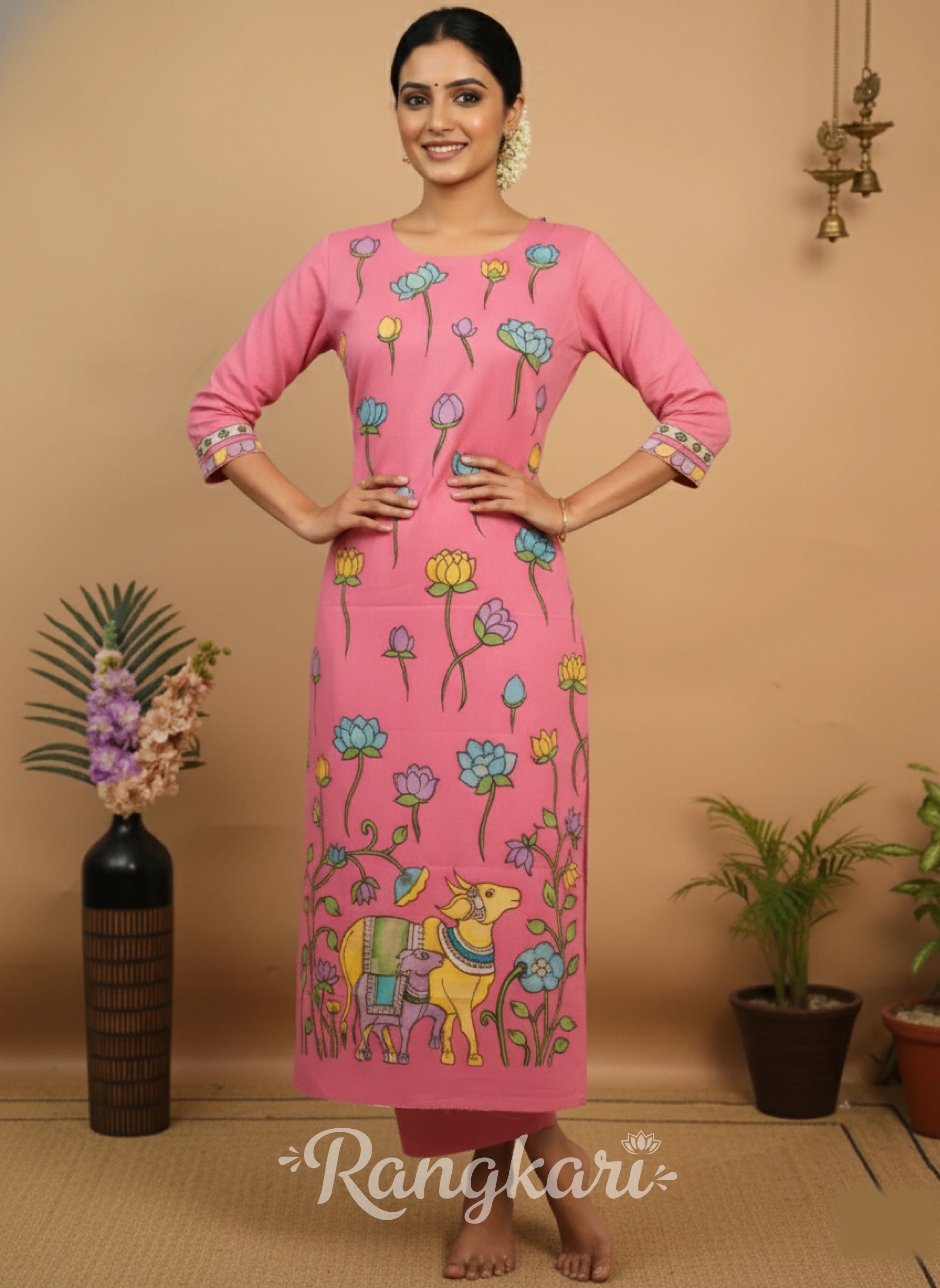 Pink Lotus Bloom Cotton Kurta Set with Cow Motif – Ethnic Elegance Kurti Set for Women