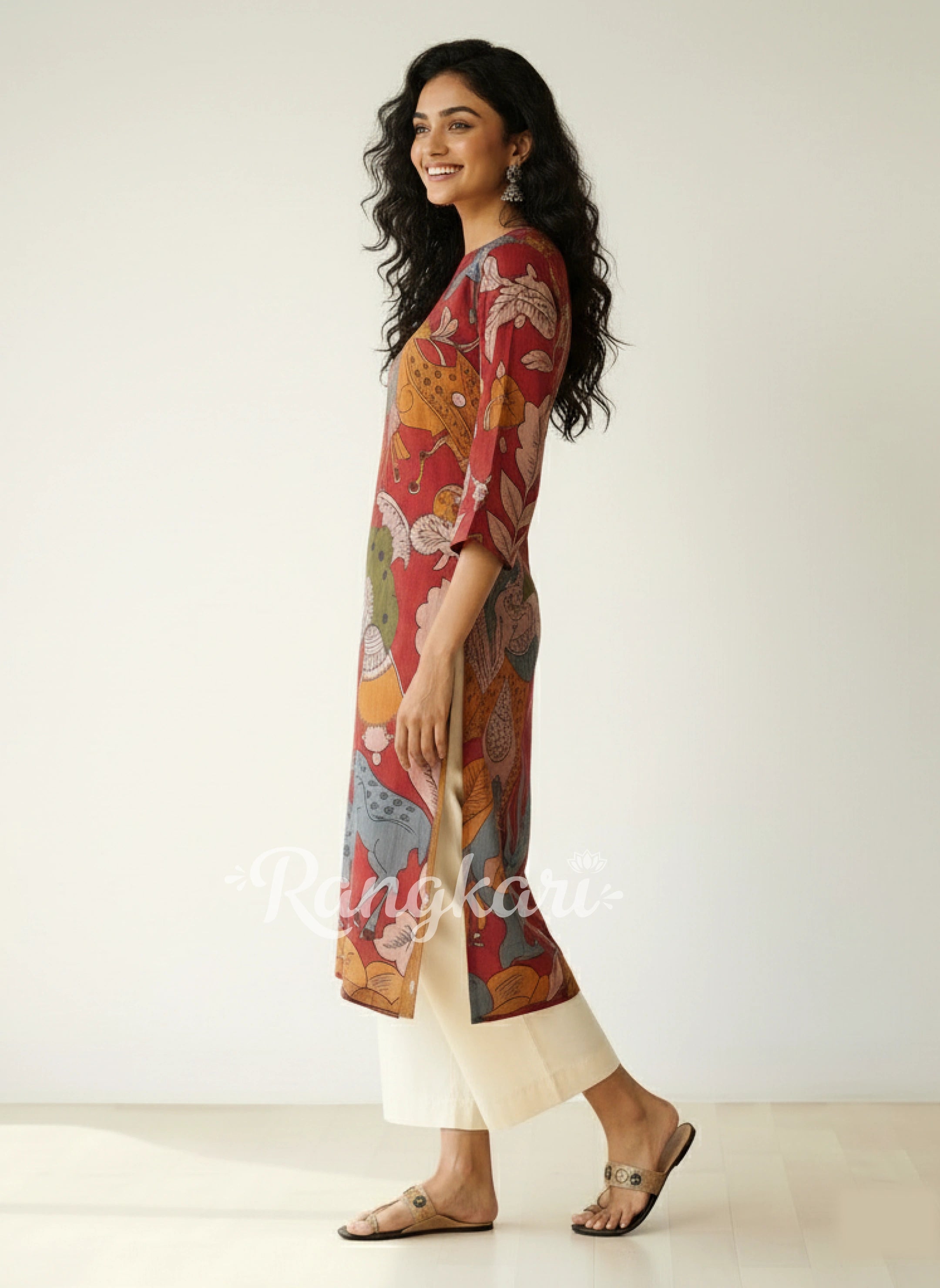Chitra Kalamkari Print Kurta & Relaxed Churidar Pants Set (Rust & Multi-Colored)