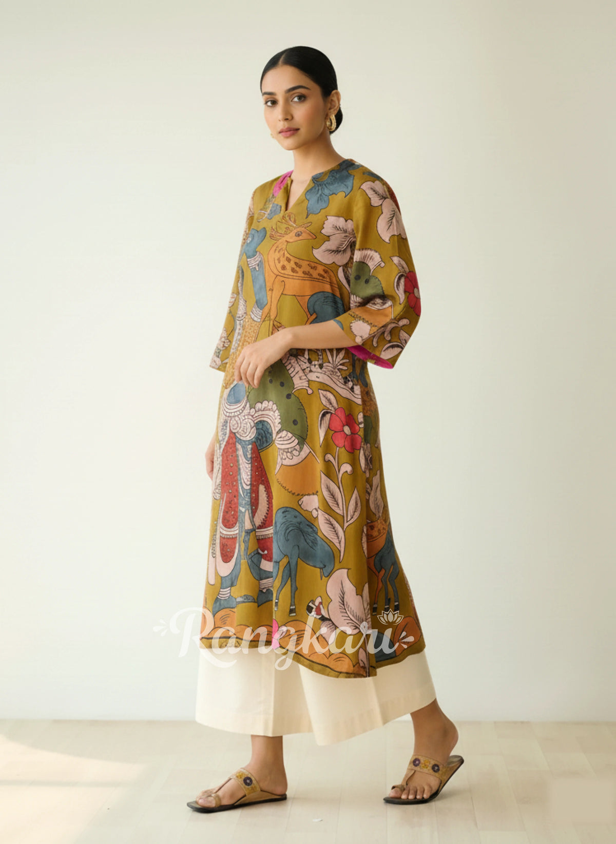 Chitra Kalamkari Print Kurta & Relaxed Churidar Pants Set (Mustard Yellow & Multi-Colored)