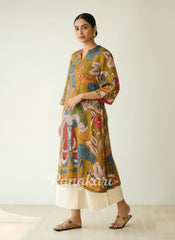 Chitra Kalamkari Print Kurta & Relaxed Churidar Pants Set (Mustard Yellow & Multi-Colored)