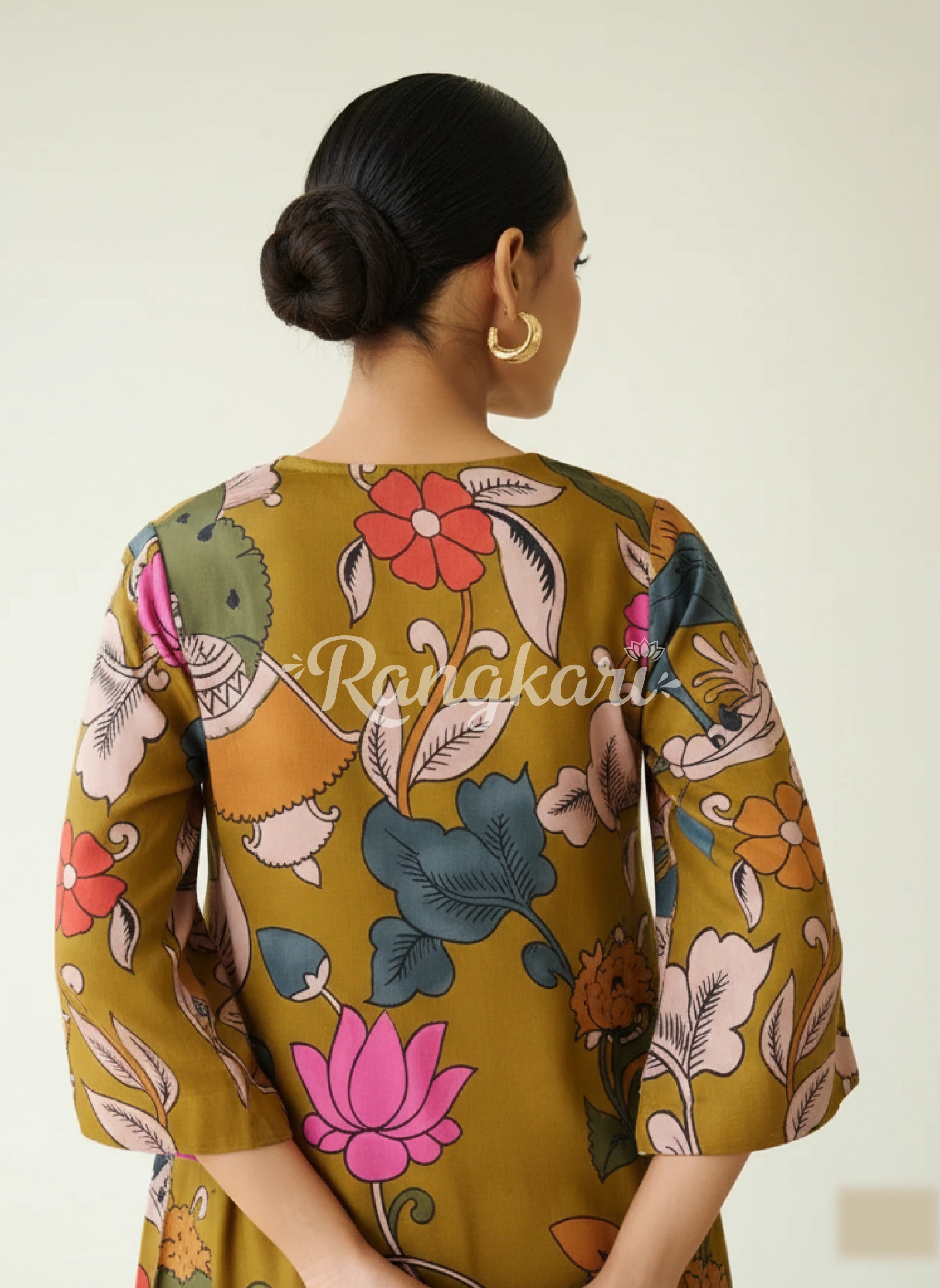 Chitra Kalamkari Print Kurta & Relaxed Churidar Pants Set (Mustard Yellow & Multi-Colored)