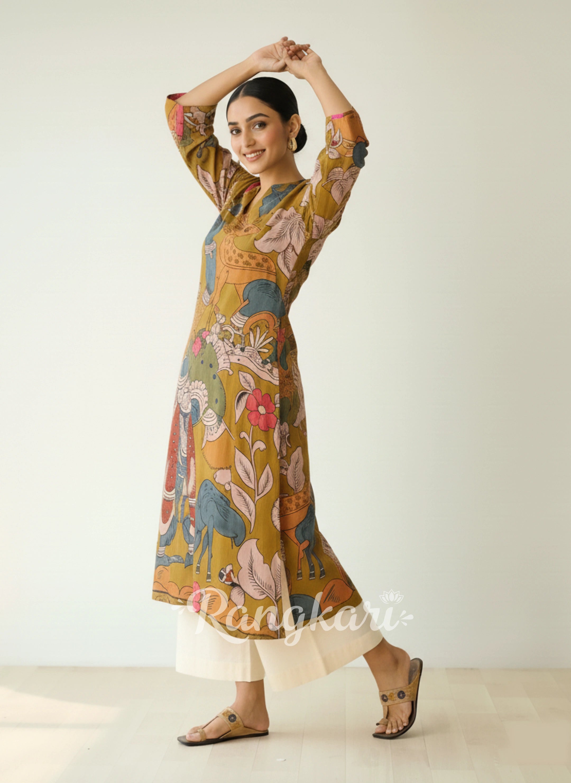 Chitra Kalamkari Print Kurta & Relaxed Churidar Pants Set (Mustard Yellow & Multi-Colored)