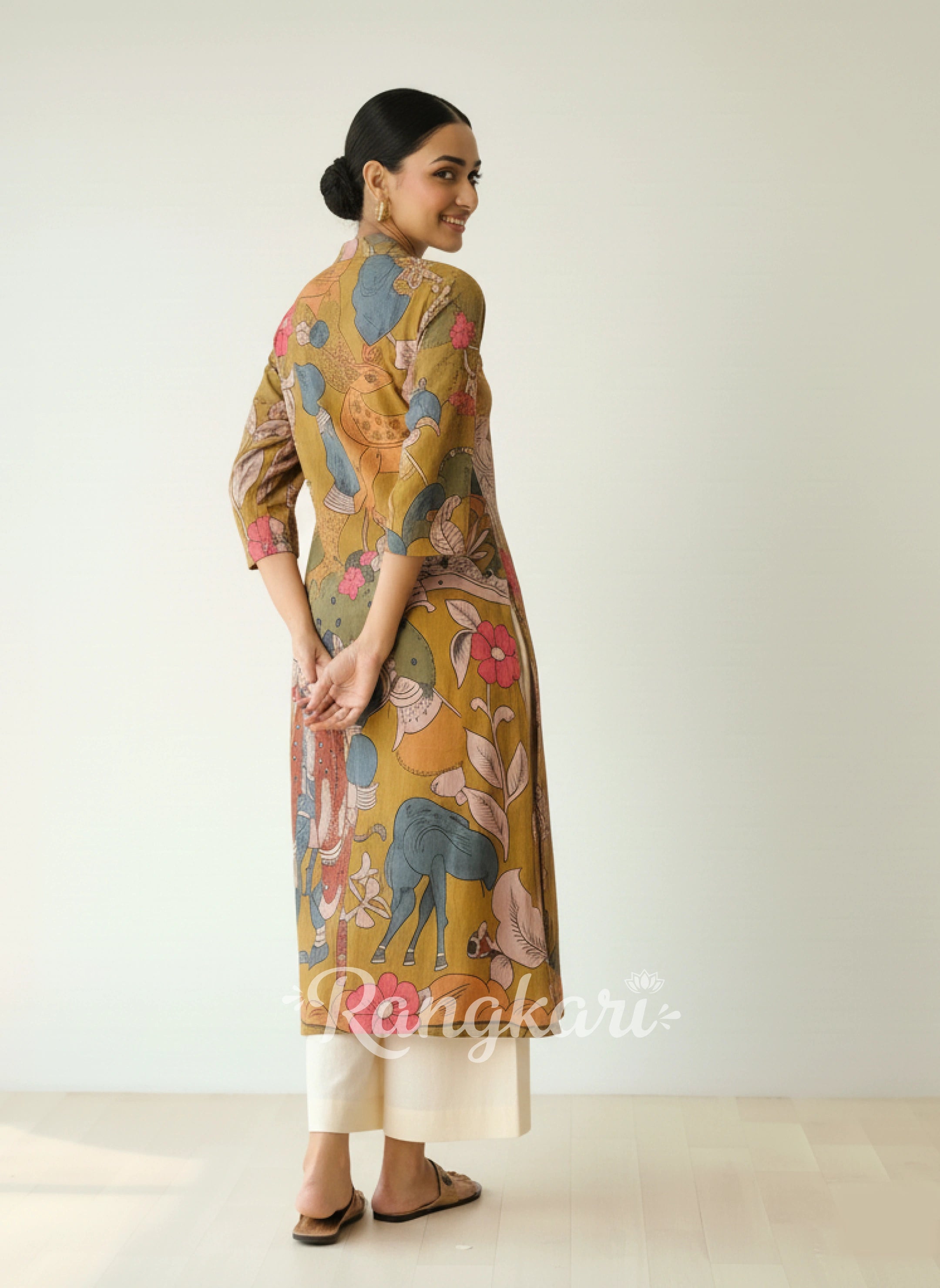 Chitra Kalamkari Print Kurta & Relaxed Churidar Pants Set (Mustard Yellow & Multi-Colored)