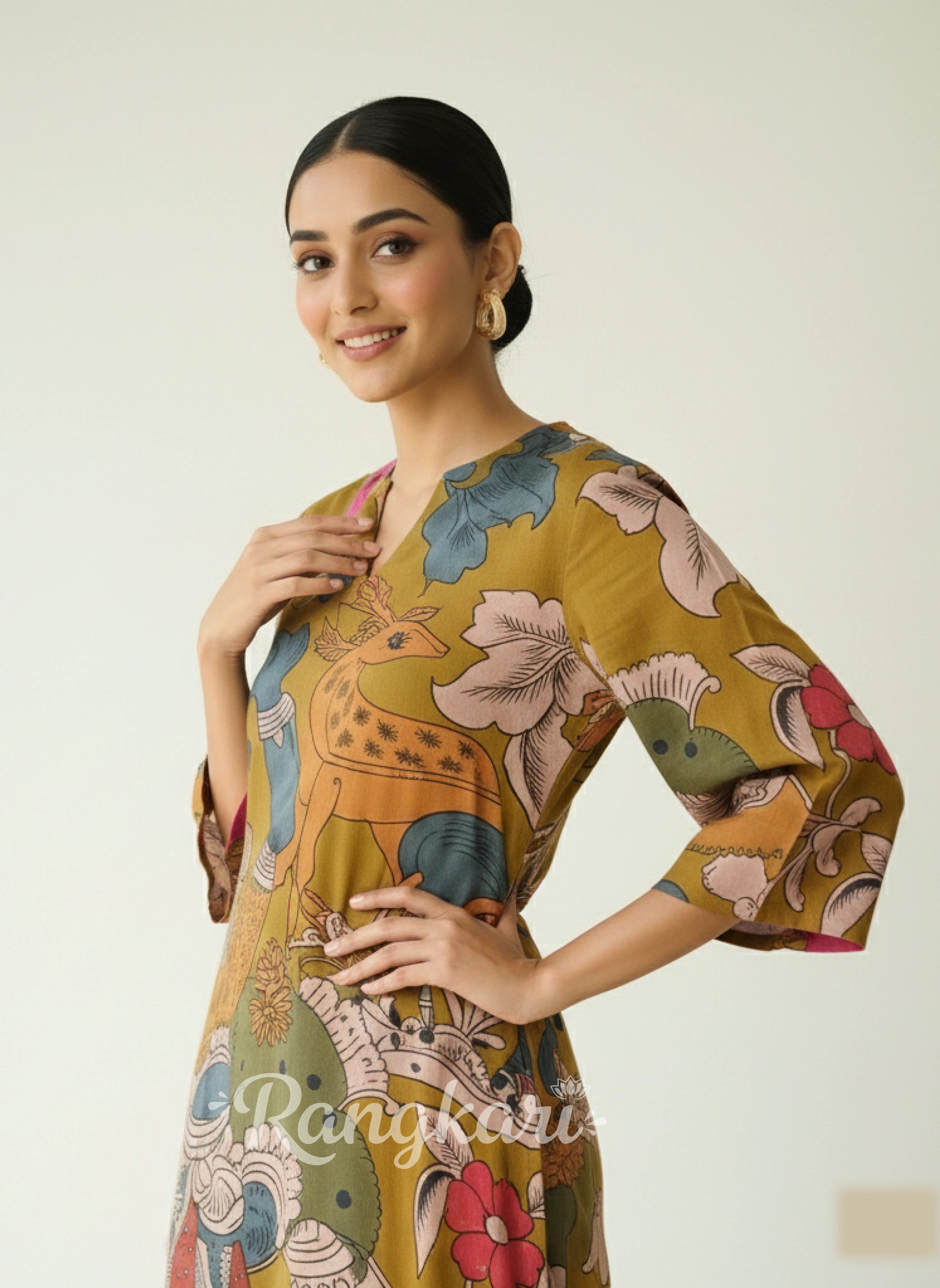 Chitra Kalamkari Print Kurta & Relaxed Churidar Pants Set (Mustard Yellow & Multi-Colored)
