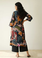 Chitra Kalamkari Print Kurta & Relaxed Churidar Pants Set (Black & Multi-Colored)