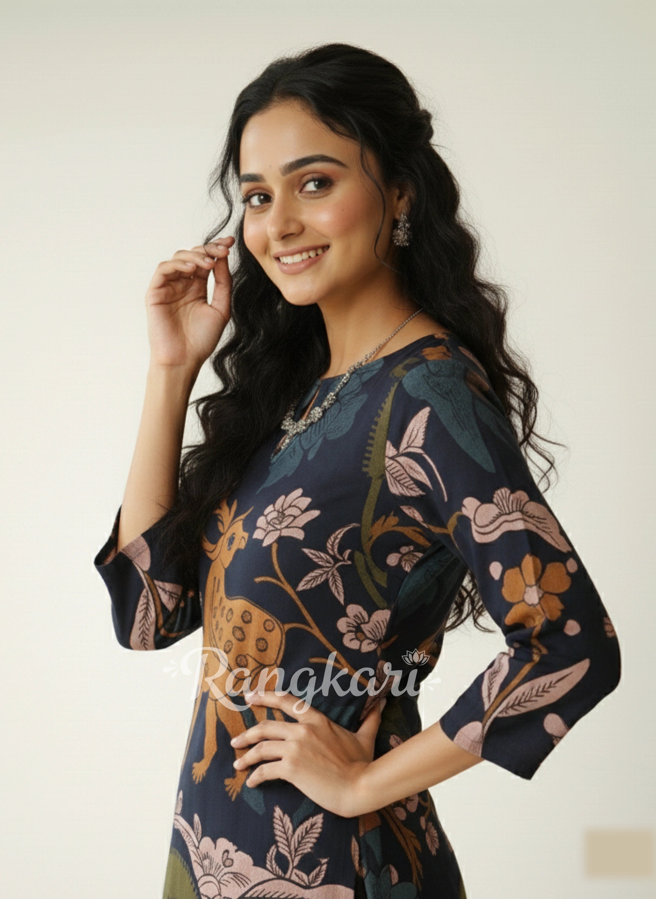 Chitra Kalamkari Print Kurta & Relaxed Churidar Pants Set (Black & Multi-Colored)