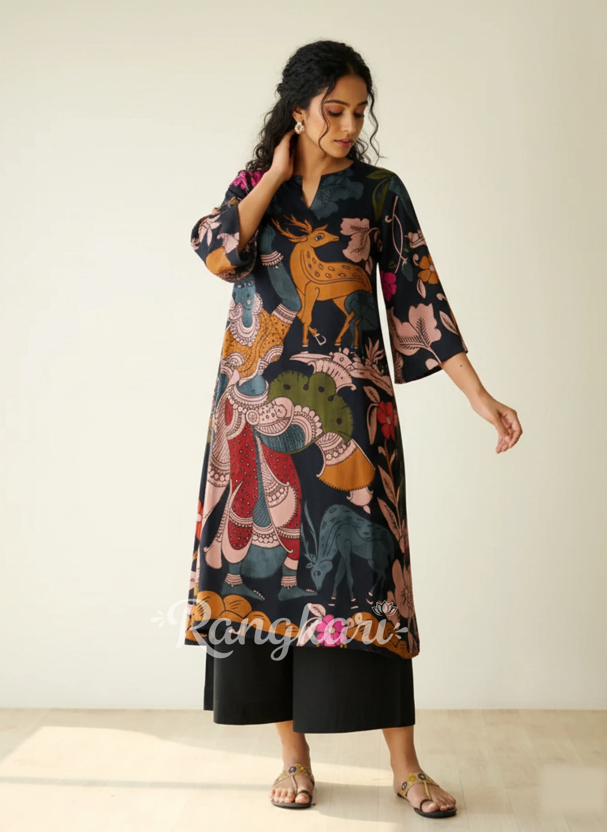 Chitra Kalamkari Print Kurta & Relaxed Churidar Pants Set (Black & Multi-Colored)