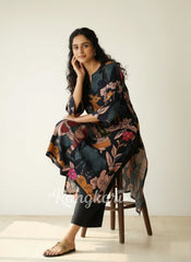Chitra Kalamkari Print Kurta & Relaxed Churidar Pants Set (Black & Multi-Colored)