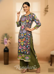 Charcoal Green Multicolor Floral Cotton Kurta – Inspired Kalamkari Ethnic Wear for Women