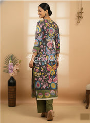Charcoal Green Multicolor Floral Cotton Kurta – Inspired Kalamkari Ethnic Wear for Women