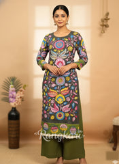 Charcoal Green Multicolor Floral Cotton Kurta – Inspired Kalamkari Ethnic Wear for Women