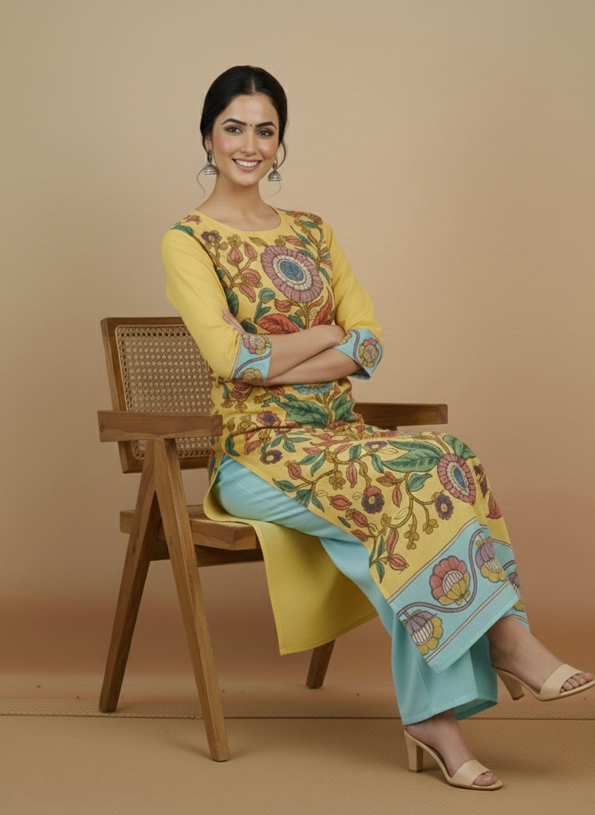 Elegant Yellow & Aqua Floral Art Cotton Kurta Set – Ethnic Charm for Women