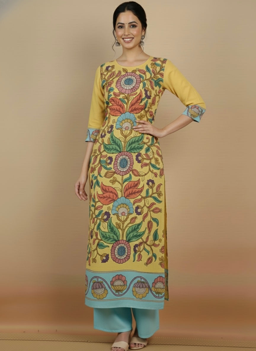 Elegant Yellow & Aqua Floral Art Cotton Kurta Set – Ethnic Charm for Women