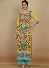 Elegant Yellow & Aqua Floral Art Cotton Kurta Set – Ethnic Charm for Women