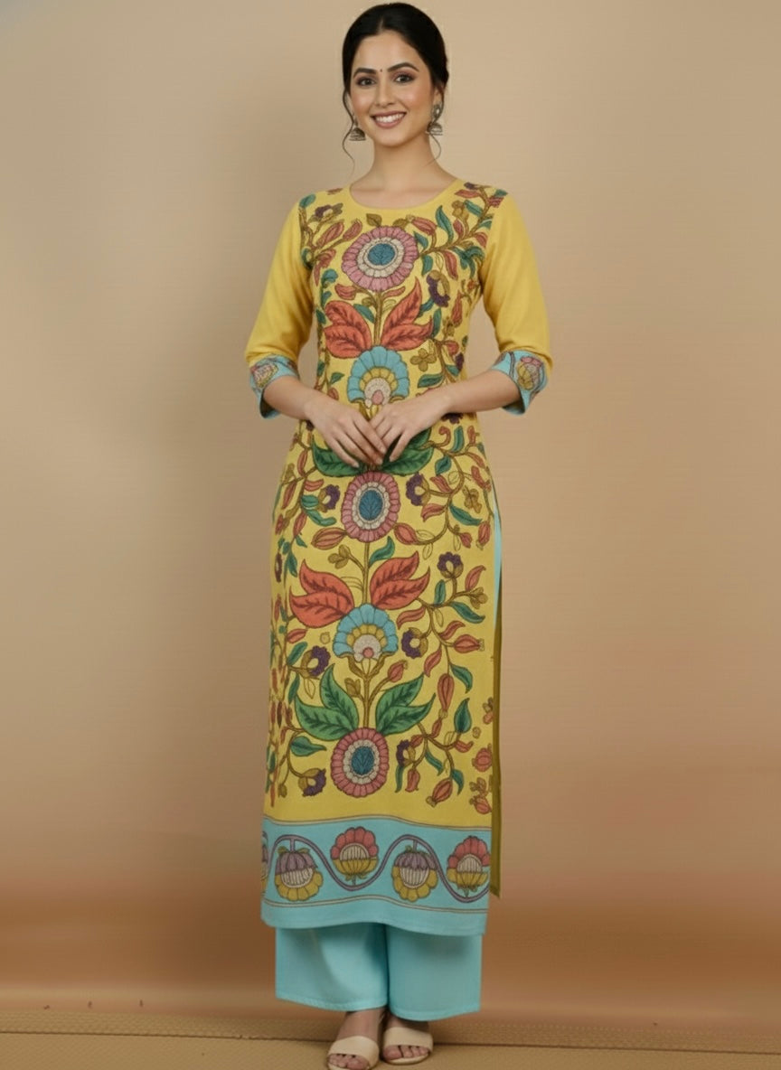 Elegant Yellow & Aqua Floral Art Cotton Kurta Set – Ethnic Charm for Women