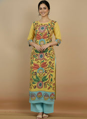 Elegant Yellow & Aqua Floral Art Cotton Kurta Set – Ethnic Charm for Women