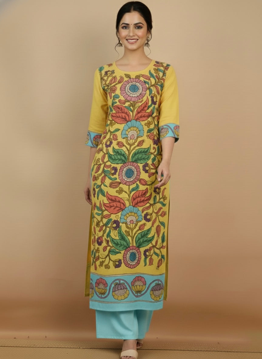 Elegant Yellow & Aqua Floral Art Cotton Kurta Set – Ethnic Charm for Women