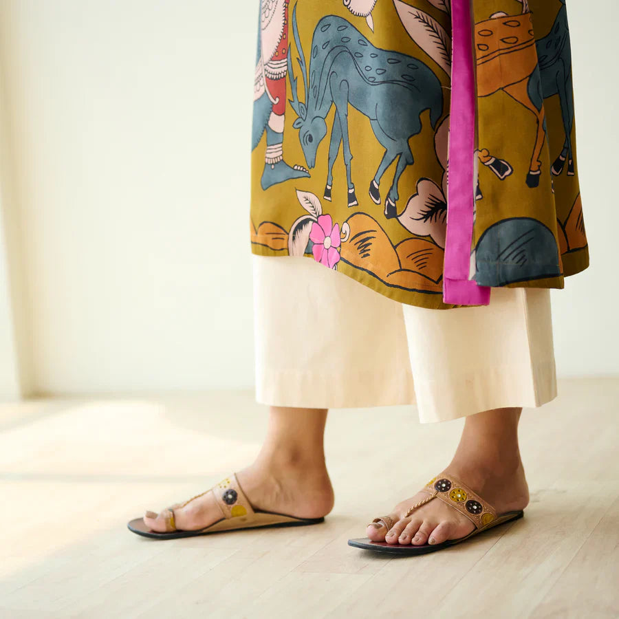 Chitra Kalamkari Print Kurta & Relaxed Churidar Pants Set (Mustard Yellow & Multi-Colored)