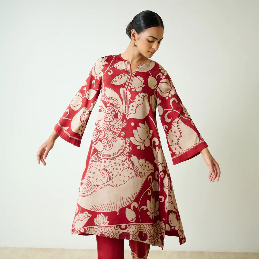 Rust Kalamkari Print Kurta Set with Embroidery - Ethnic Wear for Women
