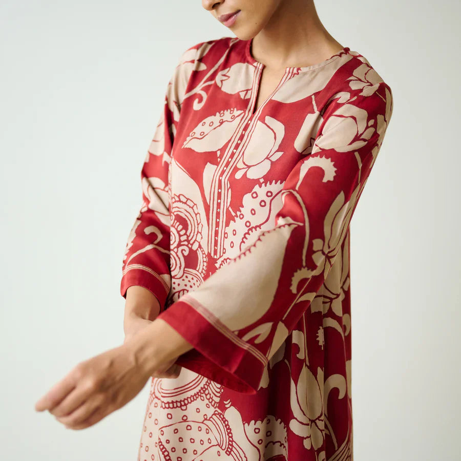 Rust Kalamkari Print Kurta Set with Embroidery - Ethnic Wear for Women