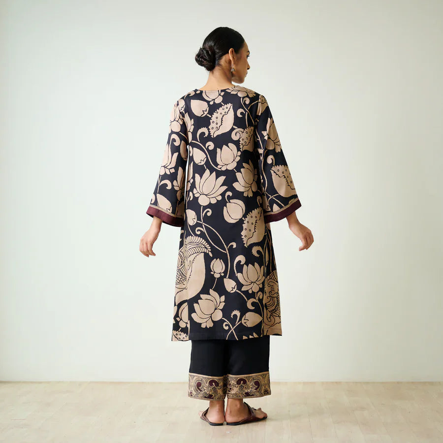 Black & Beige Kalamkari Kurta Set with Embroidery - Modern Ethnic Wear for Women
