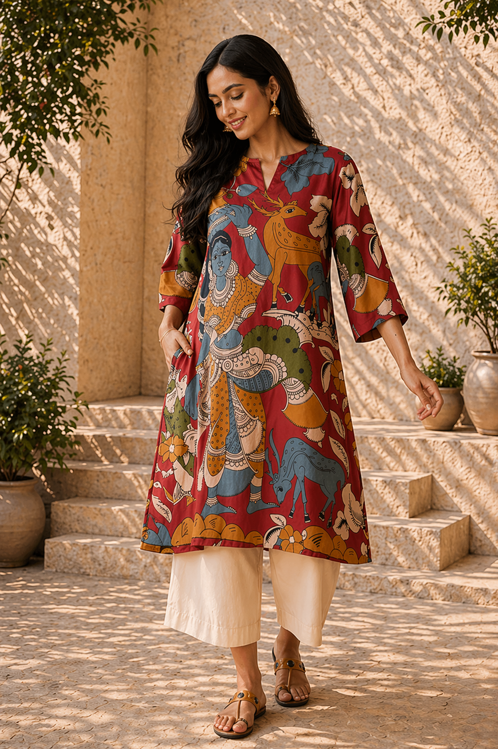 Chitra Kalamkari Print Kurta & Relaxed Pants Set (Rust & Multi-Colored)
