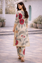 Off-White Floral Cotton Kurta Set with Lace Detailing