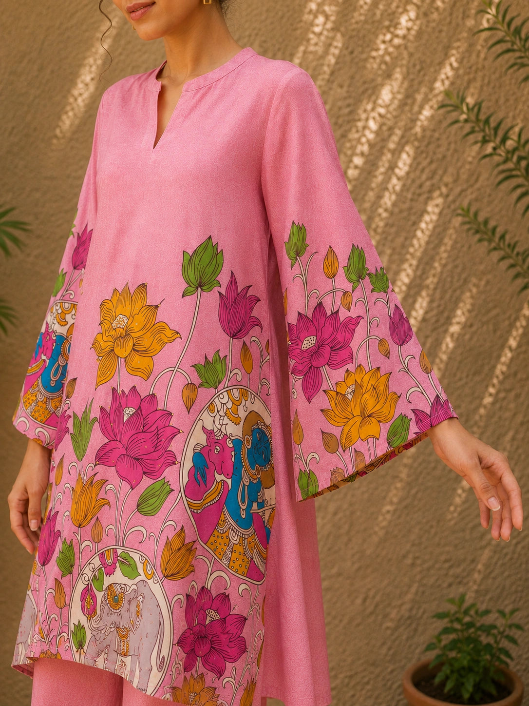 Vrindika Premium Cotton Printed Co-ord Set with Pants – Pink Floral Ethnic Wear