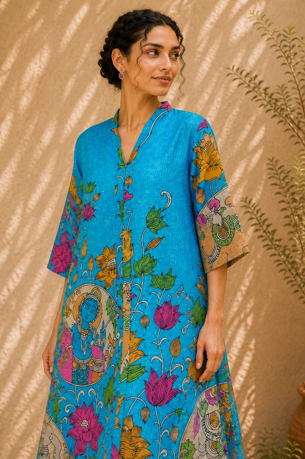 Vrindika Premium Cotton Printed Kurta Set with Pants – Electric Blue Floral Ethnic Wear