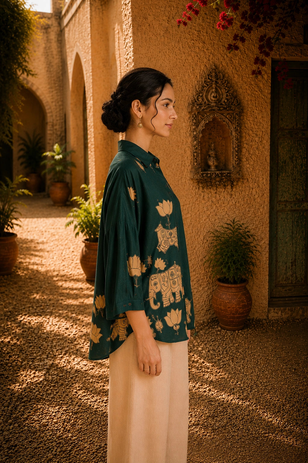 Green Kalamkari Elephant & Lotus Print Oversized Cotton Shirt – Premium Relaxed Fit Ethnic Fusion Top for Women