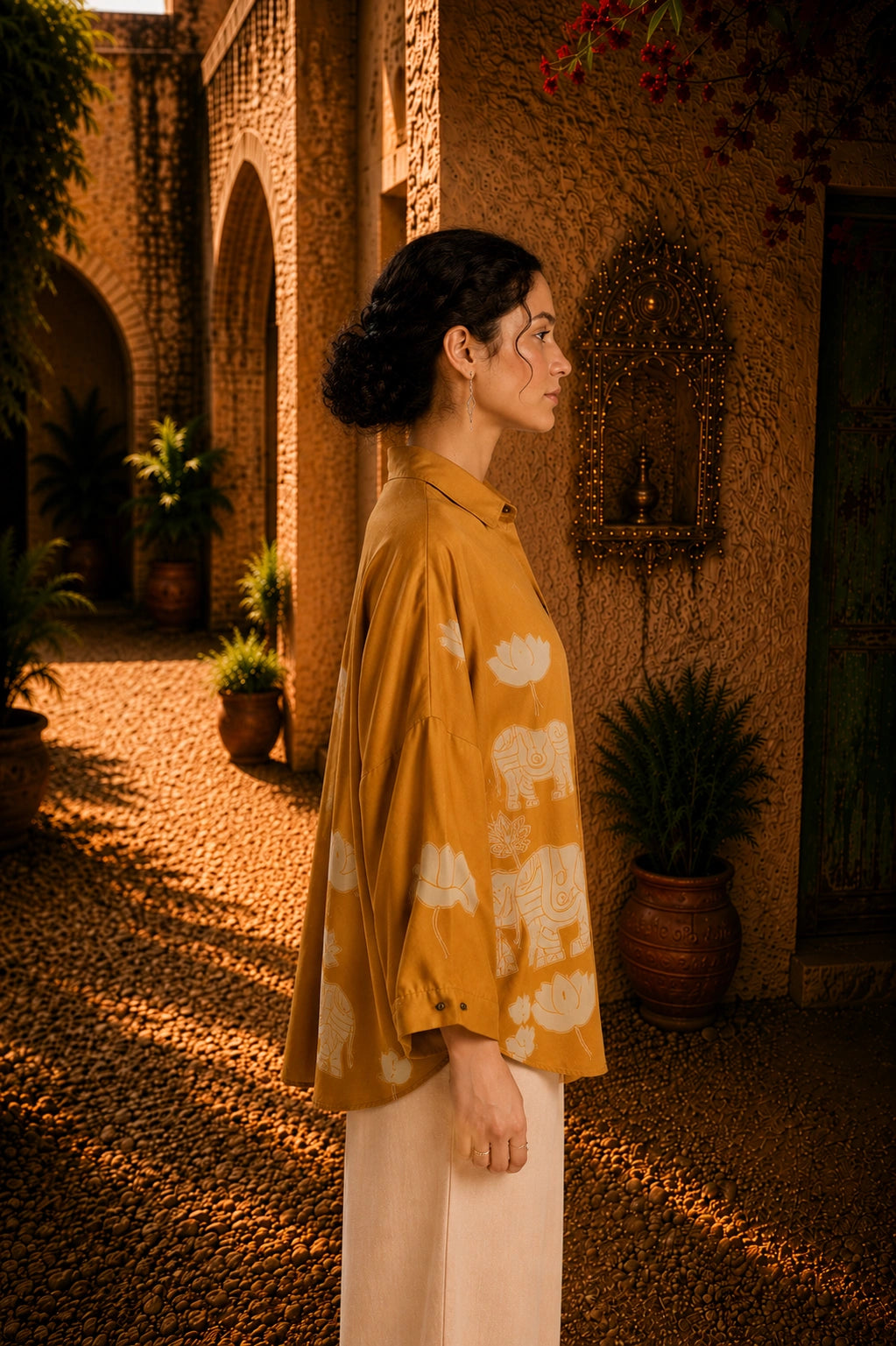 Yellow Kalamkari Elephant & Lotus Print Oversized Cotton Shirt – Premium Relaxed Fit Ethnic Fusion Top for Women