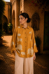 Yellow Kalamkari Elephant & Lotus Print Oversized Cotton Shirt – Premium Relaxed Fit Ethnic Fusion Top for Women