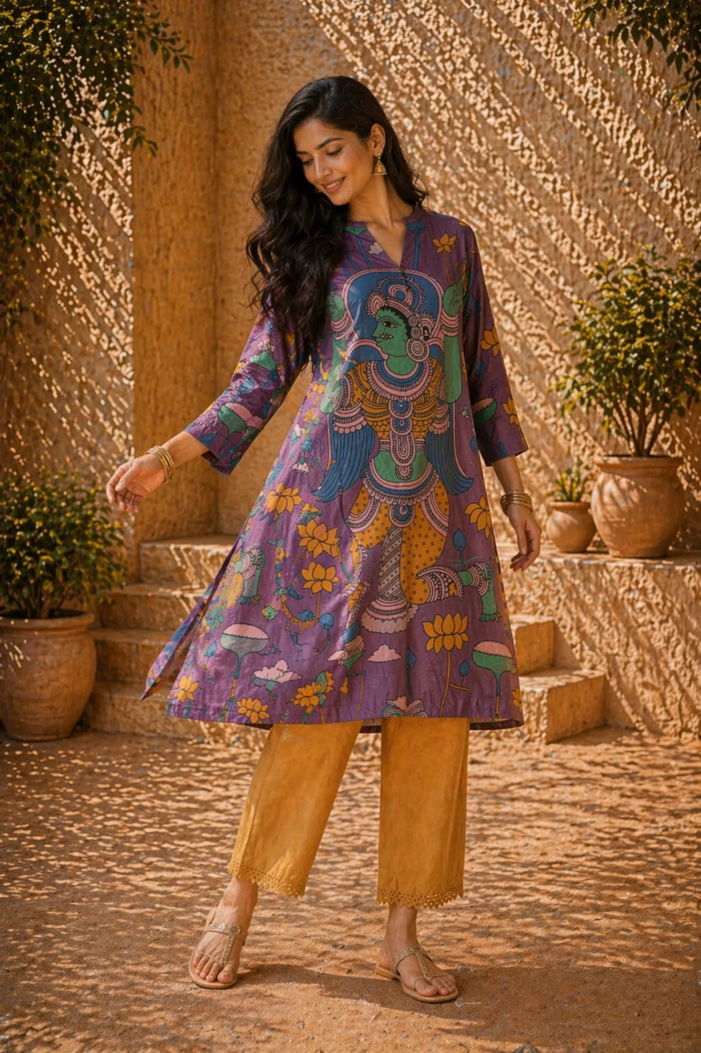 Rasika Kalamkari Print Premium Fabric Kurta Set with Pants for Women - Mauve
