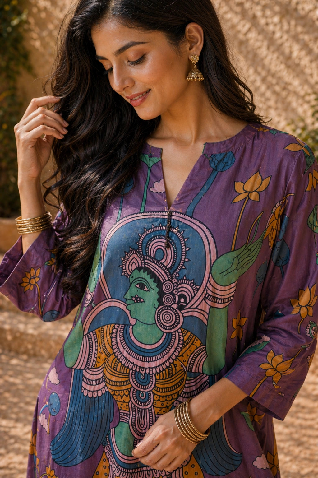 Rasika Kalamkari Print Premium Fabric Kurta Set with Pants for Women - Mauve