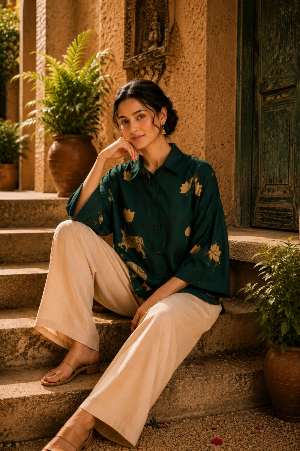 Green Kalamkari Elephant & Lotus Print Oversized Cotton Shirt – Premium Relaxed Fit Ethnic Fusion Top for Women