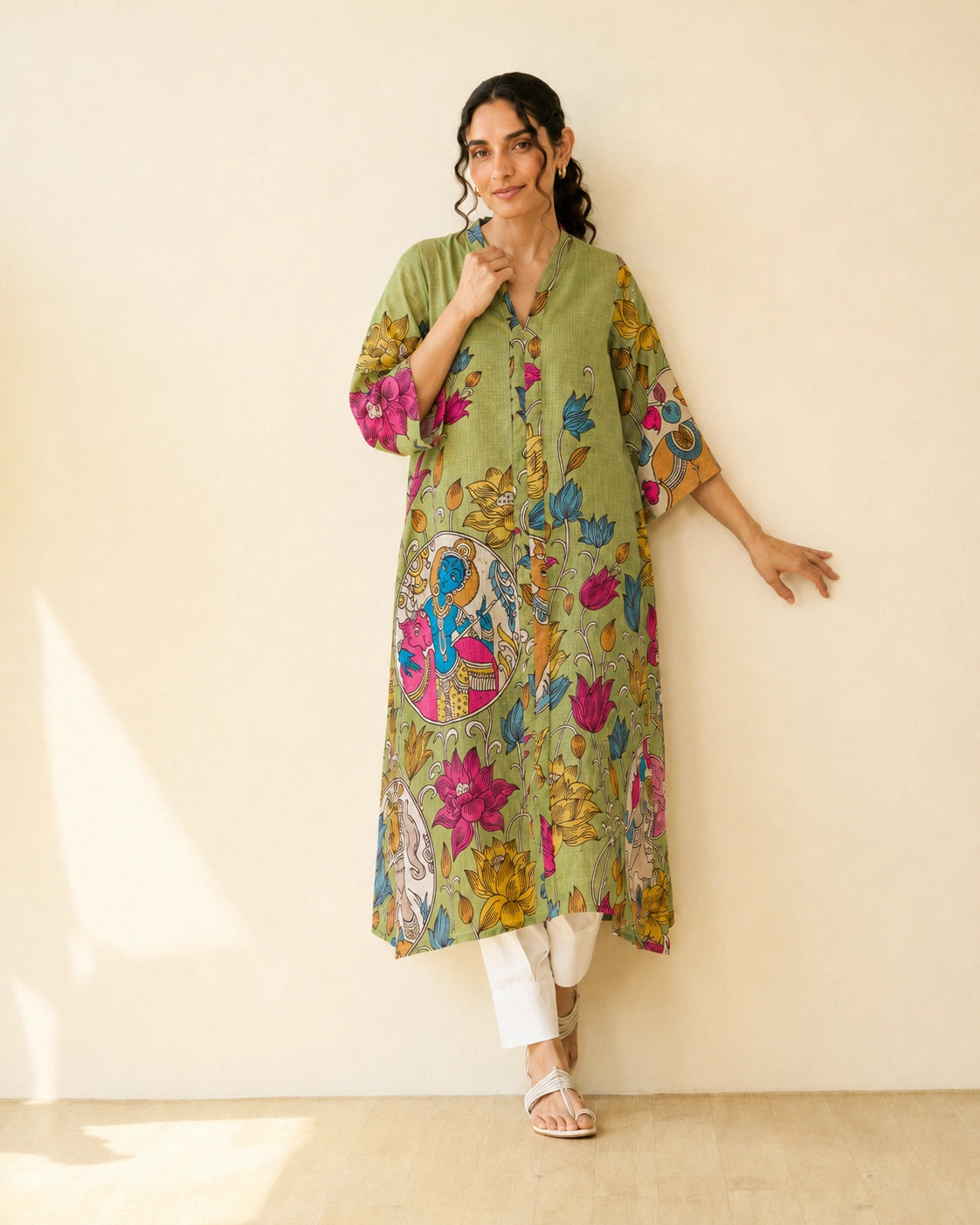 Vrindika Premium Cotton Printed Kurta Set with Pants – Pista Green Floral Ethnic Wear