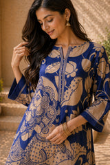 Royal Blue Kurta Set with Embroidery and Kalamkari Print