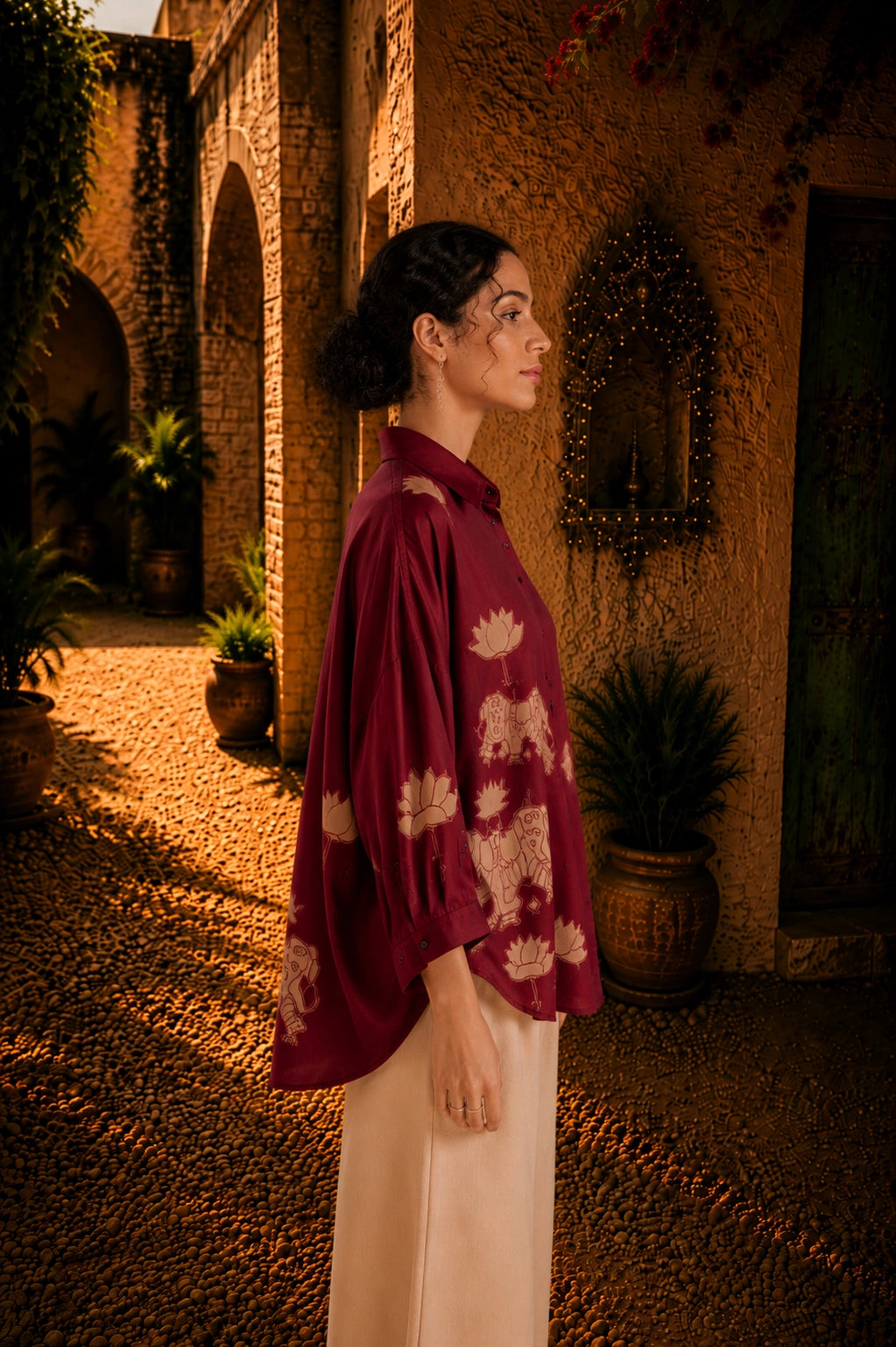 Maroon Kalamkari Elephant & Lotus Print Oversized Cotton Shirt – Premium Relaxed Fit Ethnic Fusion Top for Women