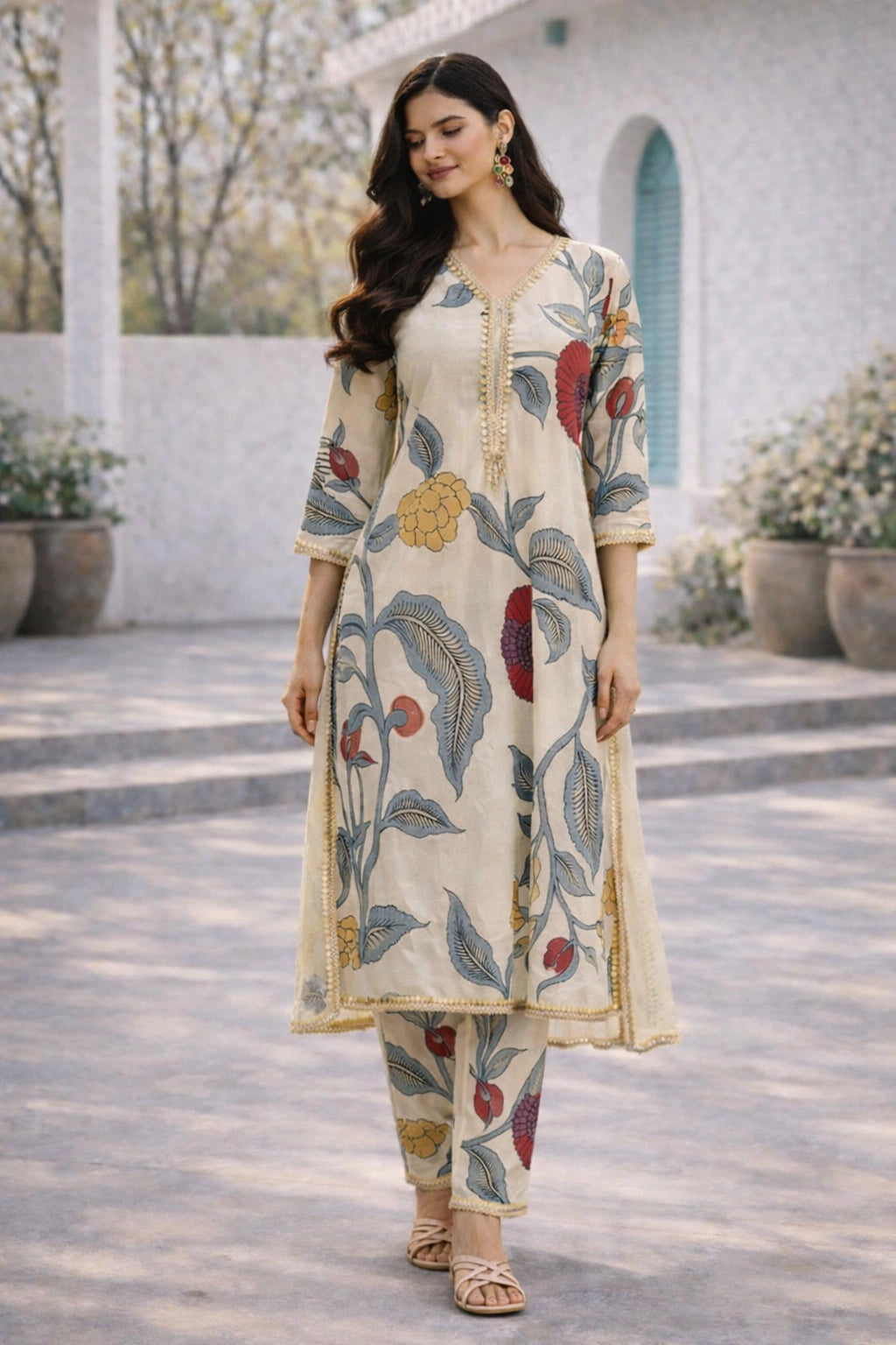 Off-White Floral Cotton Kurta Set with Lace Detailing