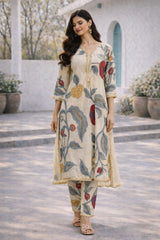 Off-White Floral Cotton Kurta Set with Lace Detailing