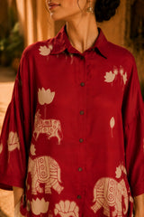 Red Kalamkari Elephant & Lotus Print Oversized Cotton Shirt – Premium Relaxed Fit Ethnic Fusion Top for Women