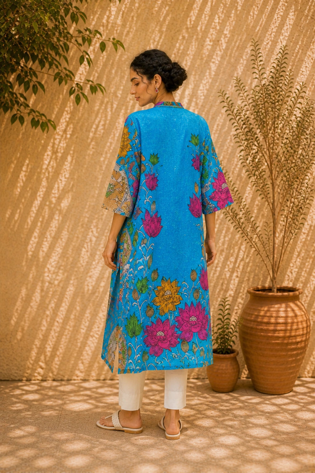 Vrindika Premium Cotton Printed Kurta Set with Pants – Electric Blue Floral Ethnic Wear