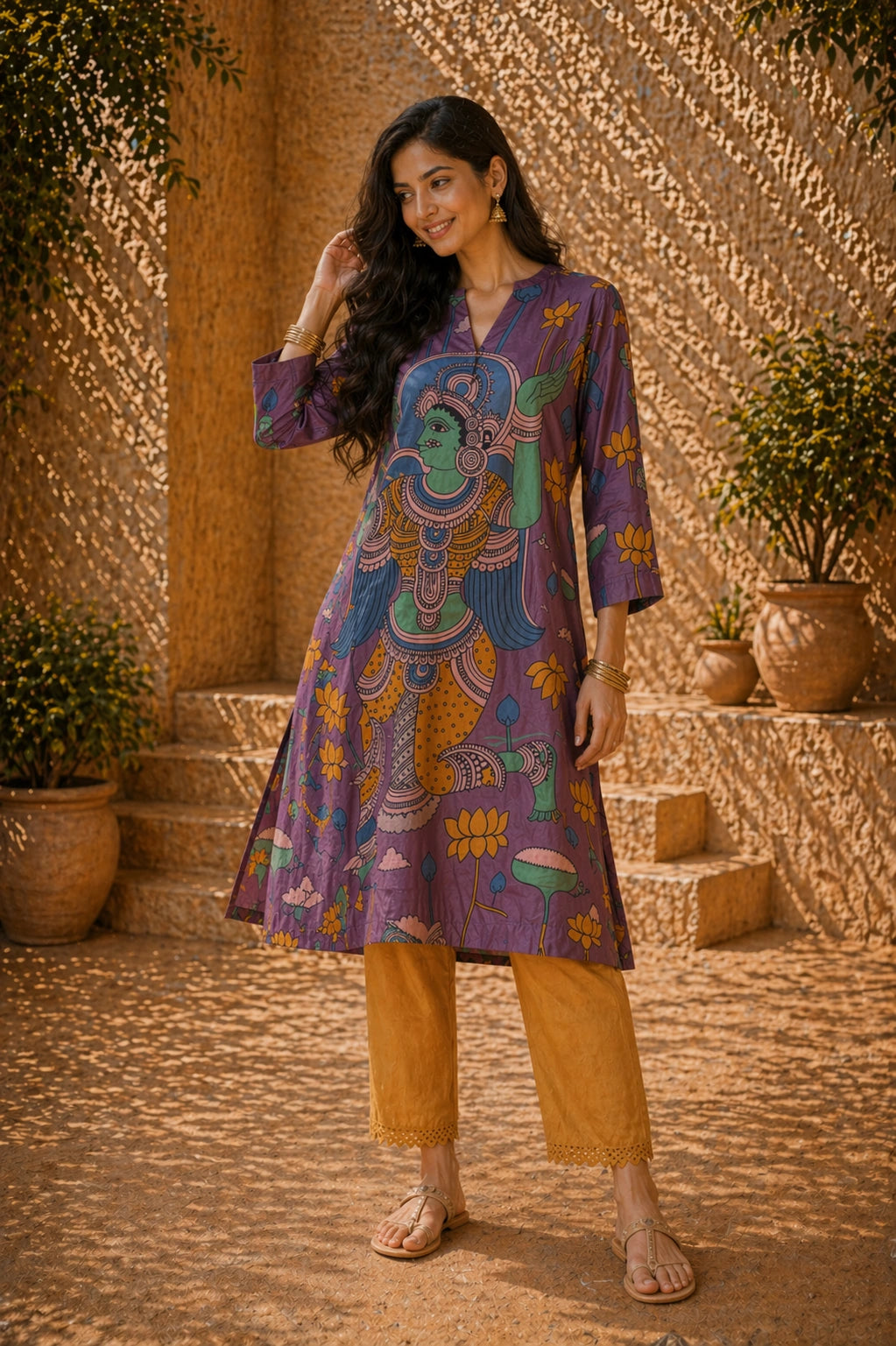 Rasika Kalamkari Print Premium Fabric Kurta Set with Pants for Women - Mauve
