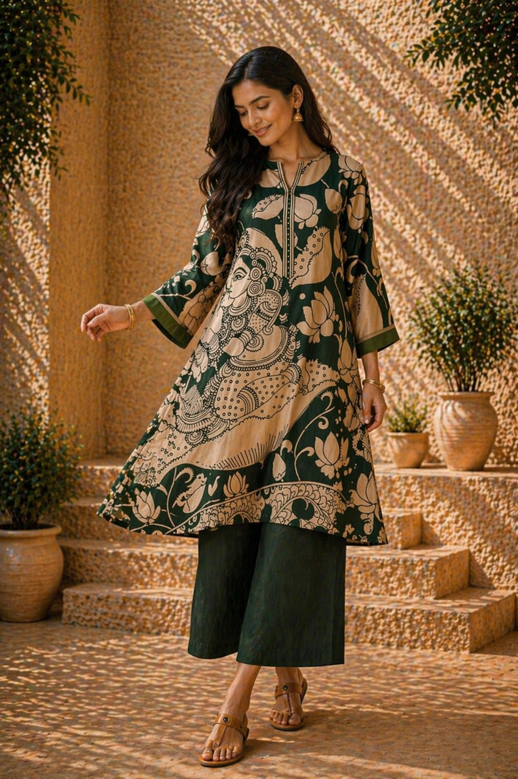 Green Kalamkari Print Kurta Set with Mukaish Embroidery - Ethnic Wear for Women
