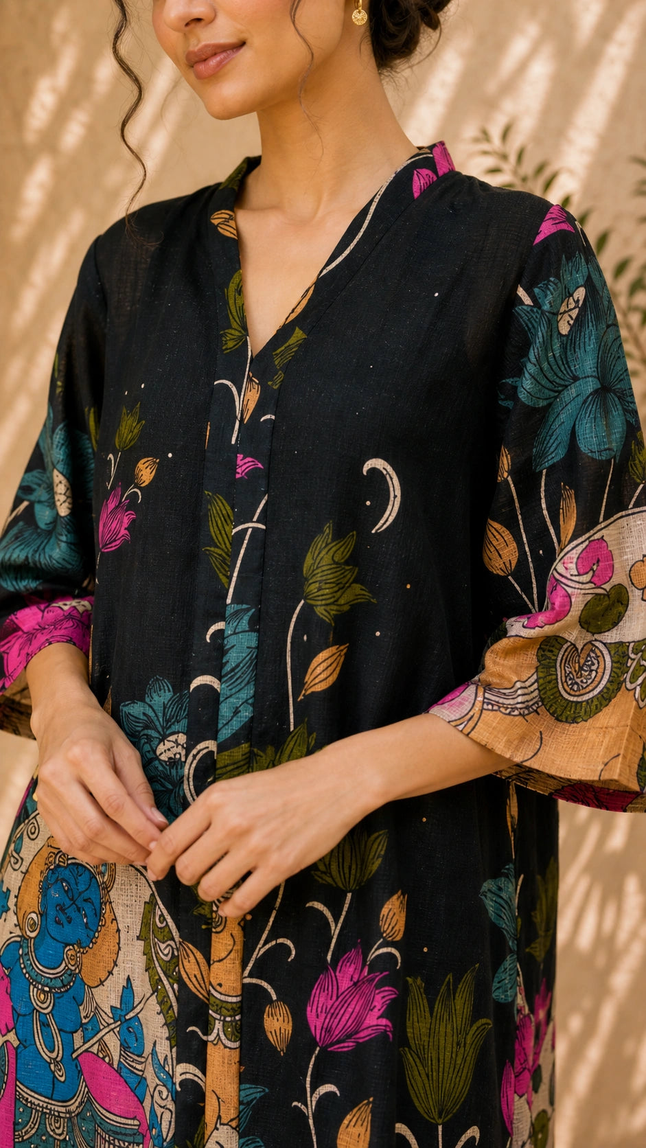 Vrindika Premium Cotton Printed Kurta Set with Pants – Black Floral Ethnic Wear