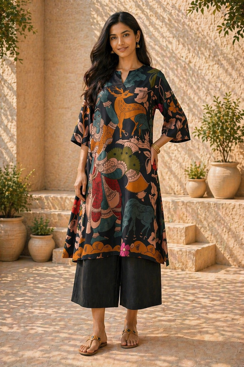 Chitra Kalamkari Print Kurta & Relaxed Pants Set (Black & Multi-Colored)