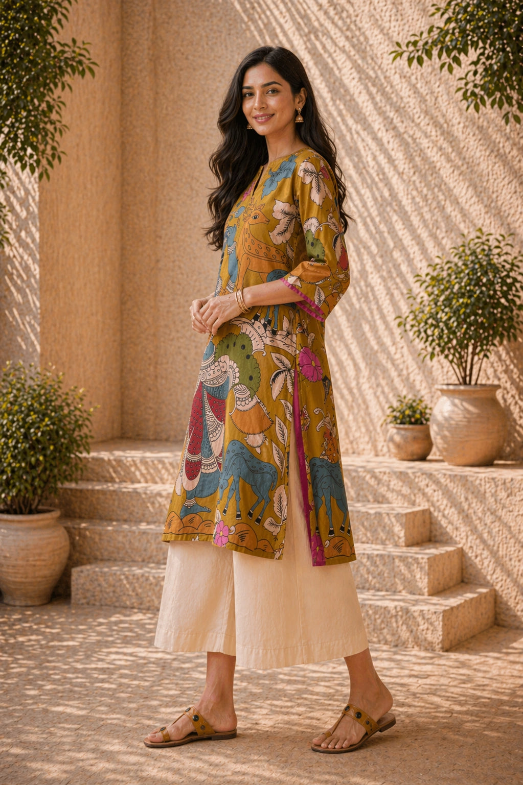 Chitra Kalamkari Print Kurta & Relaxed Pants Set (Mustard Yellow & Multi-Colored)