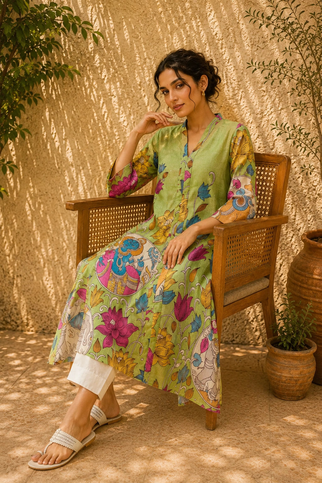 Vrindika Premium Cotton Printed Kurta Set with Pants – Pista Green Floral Ethnic Wear