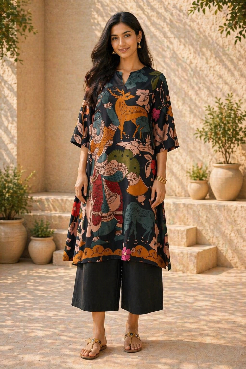 Chitra Kalamkari Print Kurta & Relaxed Pants Set (Black & Multi-Colored)